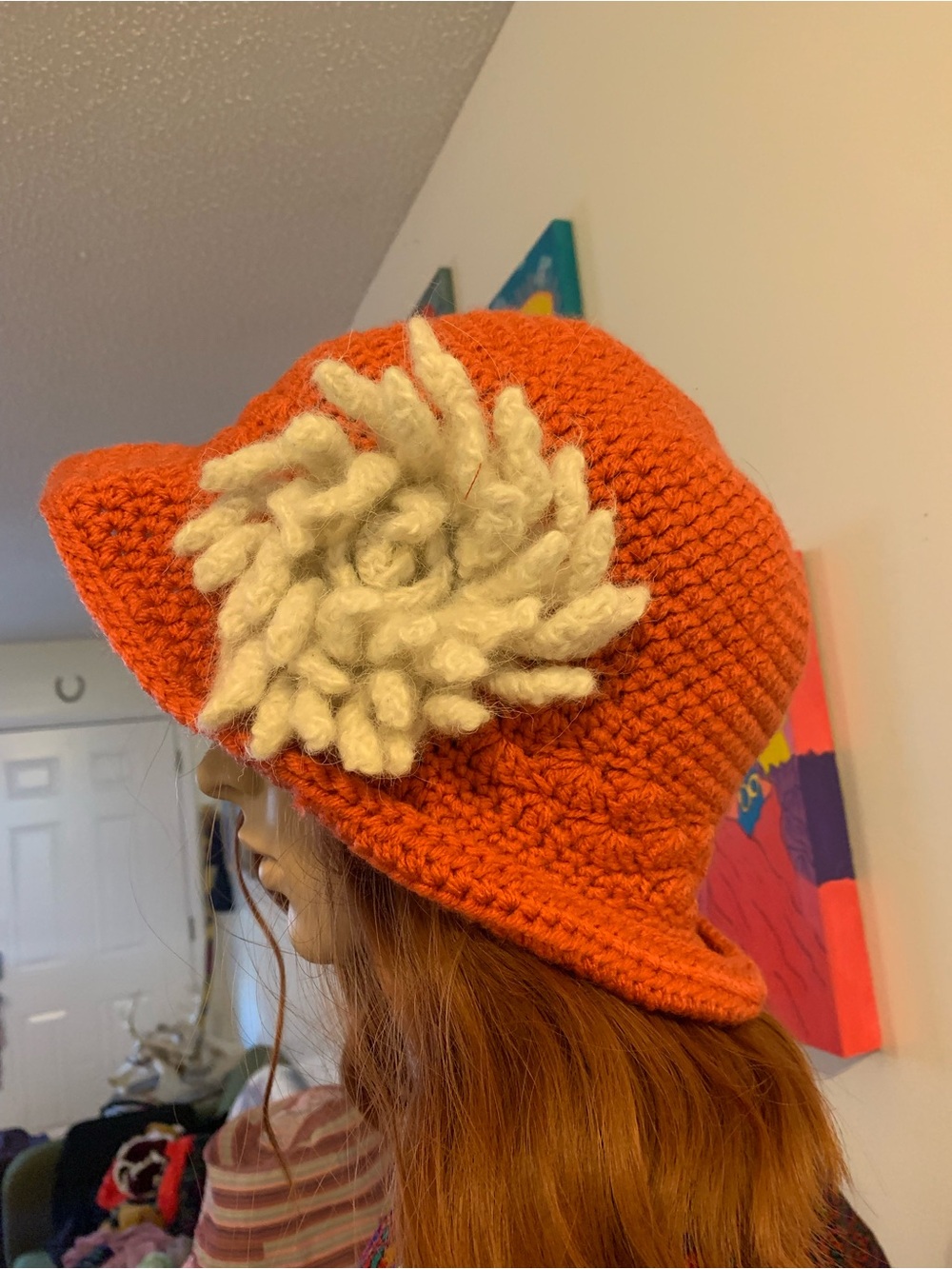 Orange Crochet Hat with Felted Cream Flower